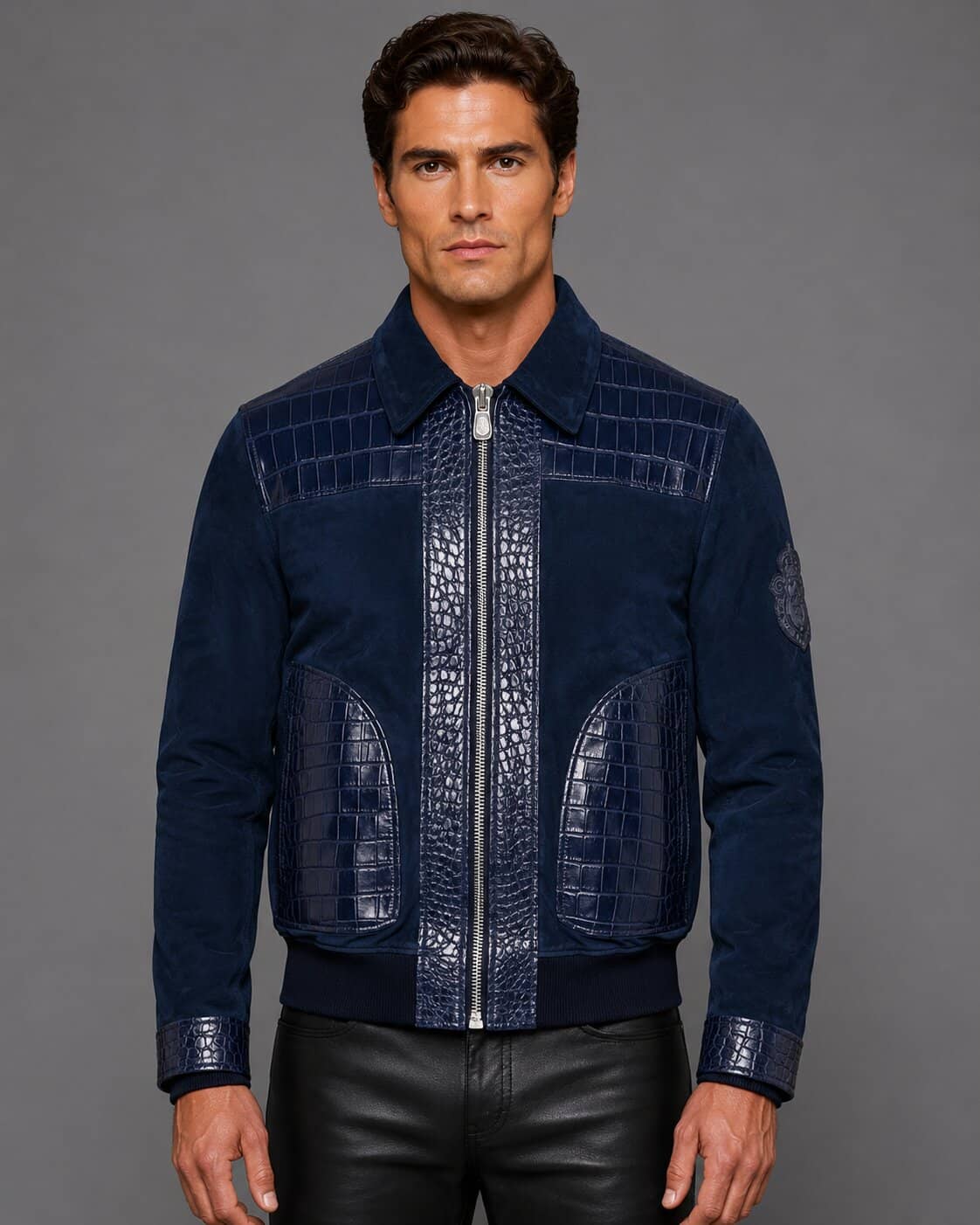 Navy Suede Bomber Jacket with Crocodile Embossed Leather by avanzar leather