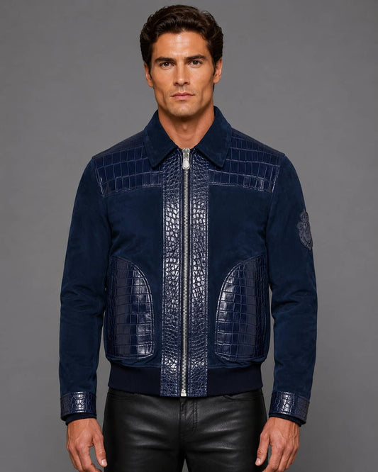 Navy Suede Bomber Jacket with Crocodile Embossed Leather by avanzar leather