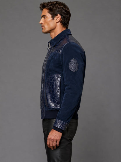 Navy Suede Bomber Jacket with Crocodile Embossed Leather by avanzar leather