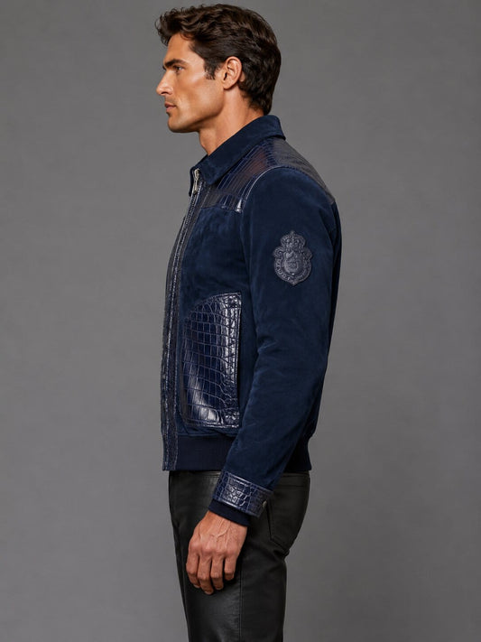 Navy Suede Bomber Jacket with Crocodile Embossed Leather by avanzar leather