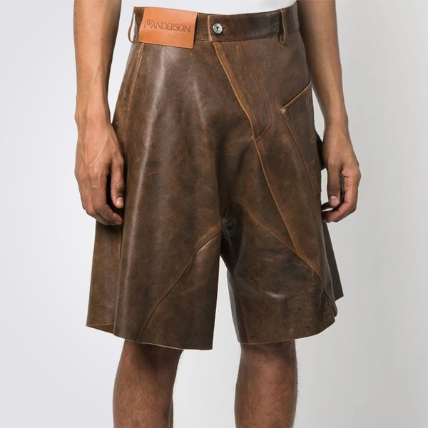 Men’s Twisted Stitch Brown Leather Shorts – Avanzar Leather
