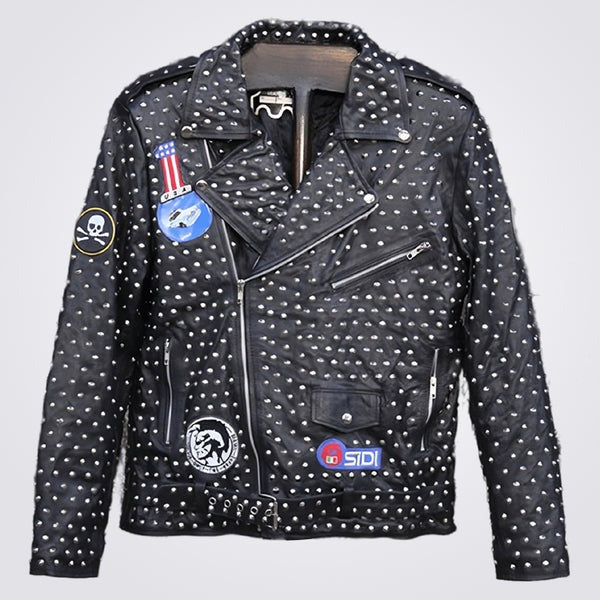 Men’s Full Studded Leather Jacket with Embroidered Patch – Avanzar Leather
