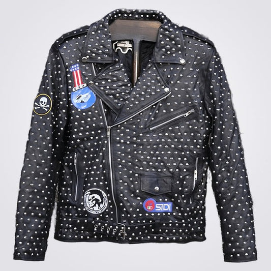 Men’s Full Studded Leather Jacket with Embroidered Patch – Avanzar Leather