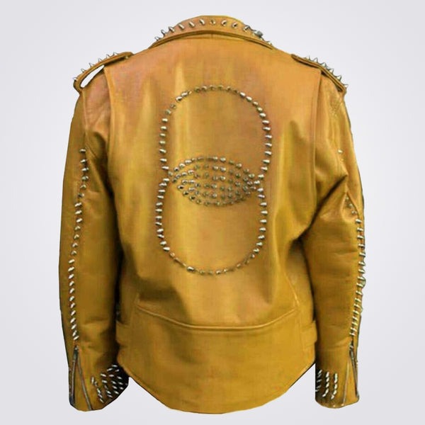 Men’s Orange Spiked Biker Leather Jacket – Avanzar Leather