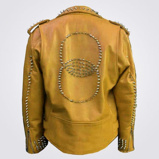 Men’s Orange Spiked Biker Leather Jacket – Avanzar Leather