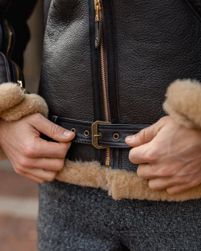 Men's Black Sheepskin Leather Aviator Jacket with Fur