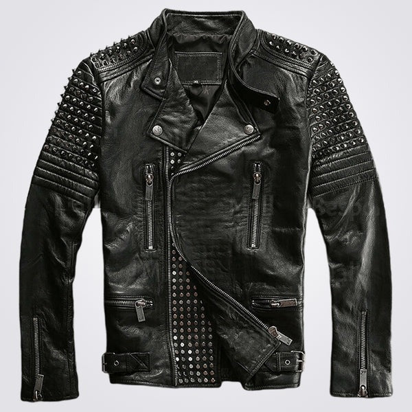 Men’s Black Punk Cowhide Leather Jacket with Silver Studs – Avanzar