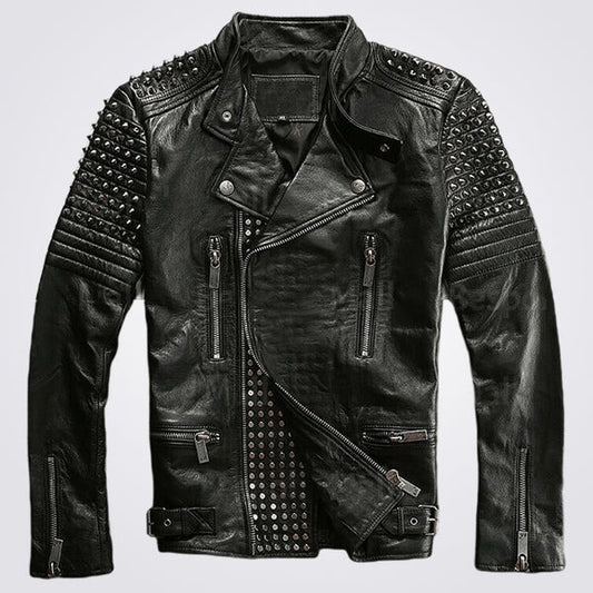 Men’s Black Punk Cowhide Leather Jacket with Silver Studs – Avanzar