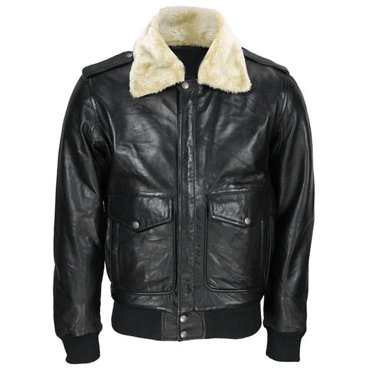 New Men’s Black US Air Pilot Flight Bomber Jacket with Removable Fur Collar Avanzar Leather