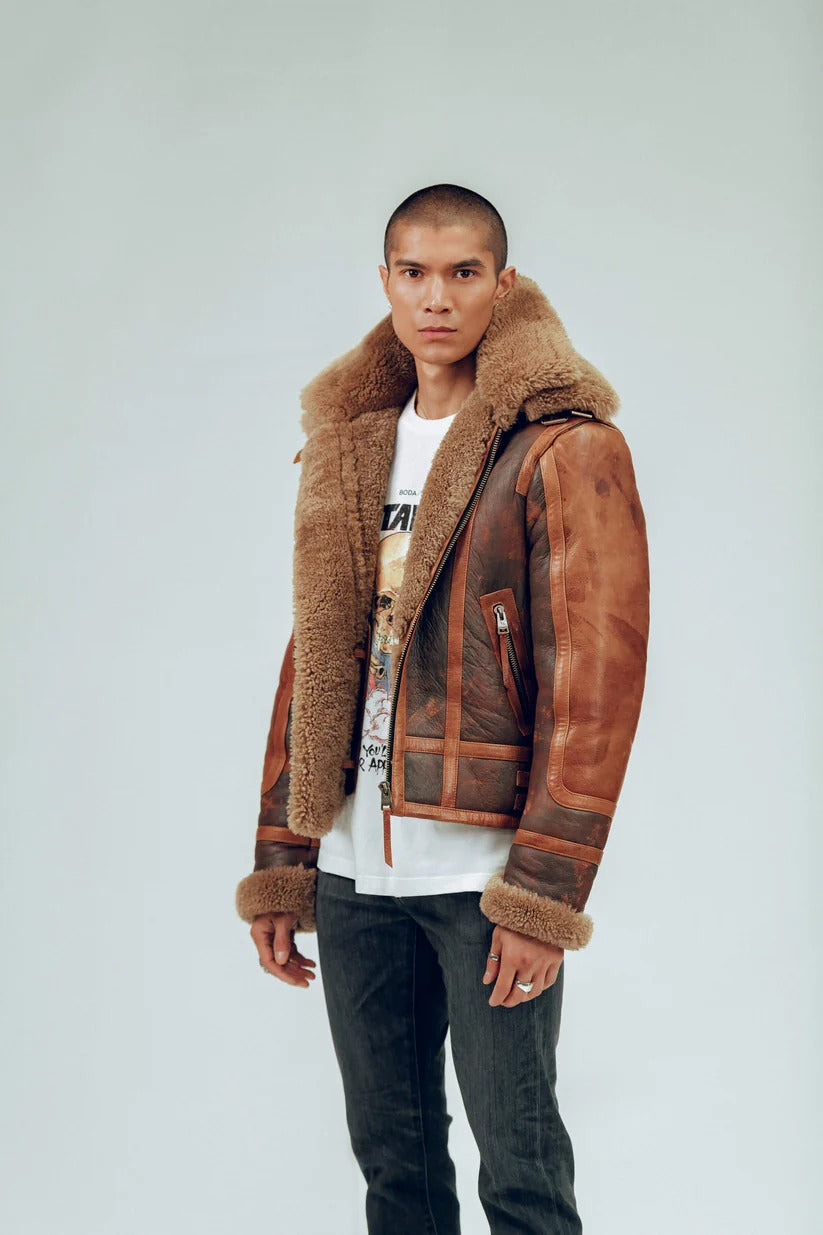 Men's Distressed Sheepskin Leather Shearling Jacket in Brown Rugged Warmth with Timeless Appeal