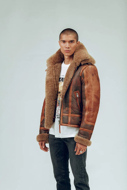 Men's Distressed Sheepskin Leather Shearling Jacket in Brown Rugged Warmth with Timeless Appeal