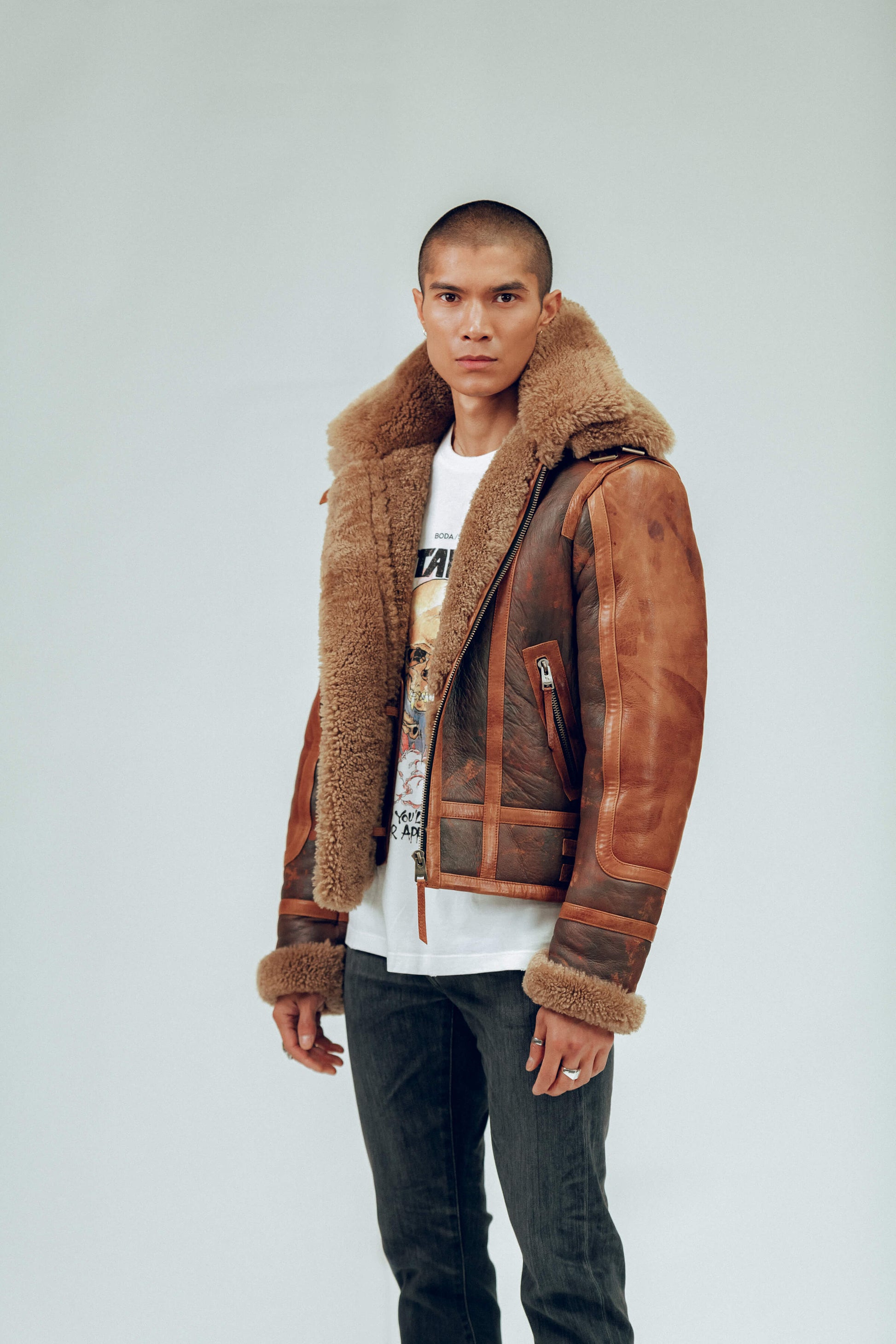 Men's Brown Distressed Sheepskin Leather Shearling Jacket