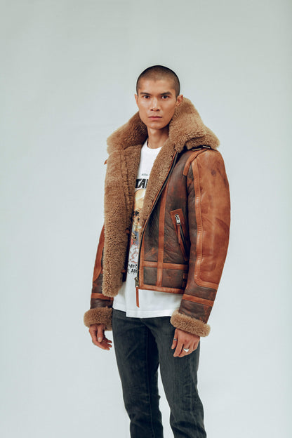 Men's Brown Distressed Sheepskin Leather Shearling Jacket