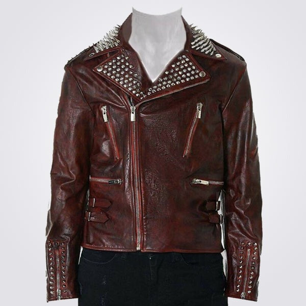Men’s Red Waxed Punk Spiked Leather Jacket – Avanzar Leather