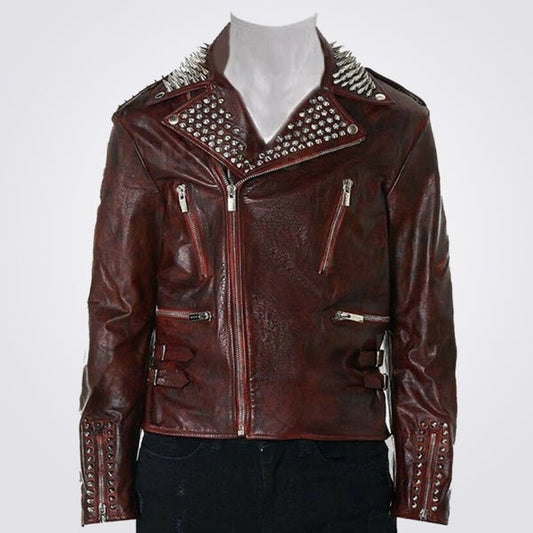 Men’s Red Waxed Punk Spiked Leather Jacket – Avanzar Leather
