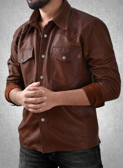 Men's Chocolate Brown Full Sleeve Leather Shirt