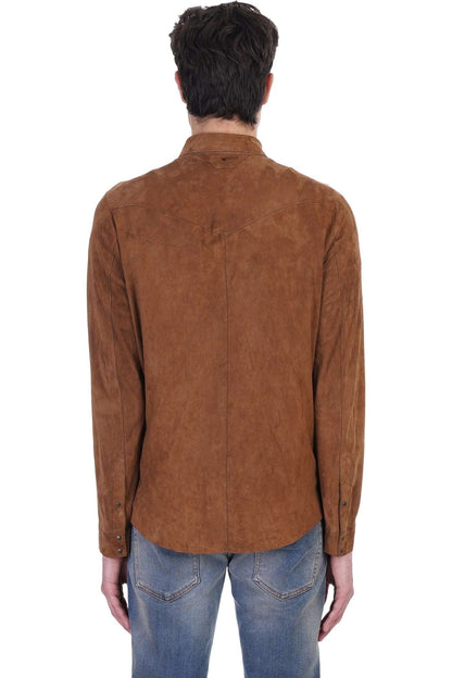  Men's Tan Brown Full Sleeve Suede Leather Shirt