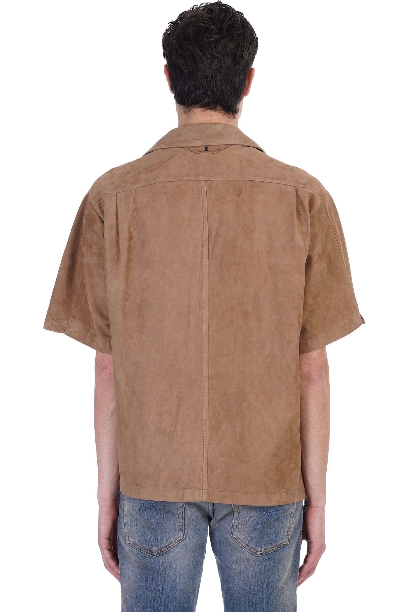 Men's Tan Brown Half Sleeve Suede Leather Shirt