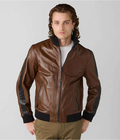 Men's Chocolate Brown Leather Bomber Jacket with Stripes