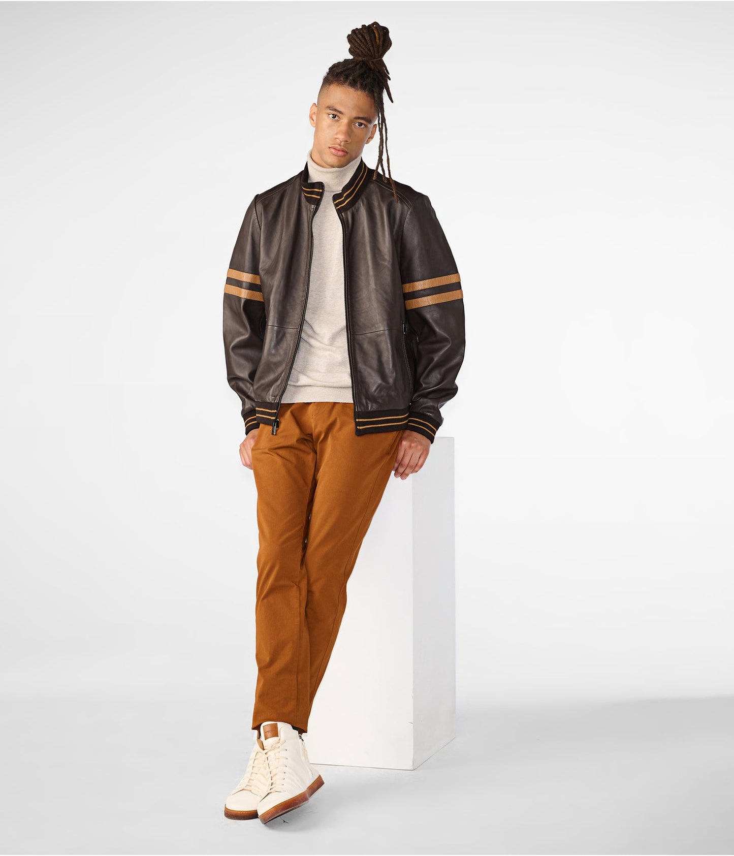 Men's Dark Brown Leather Bomber Jacket with Stripes by Avanzar