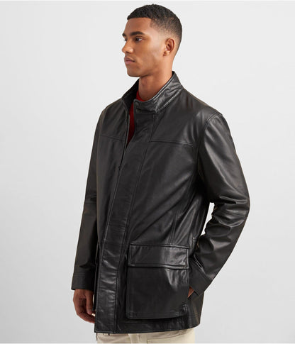 Men's Black Leather Coat with Patch Pockets