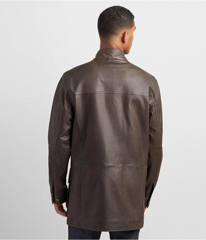 Men's Dark Brown Leather Coat with Patch Pockets