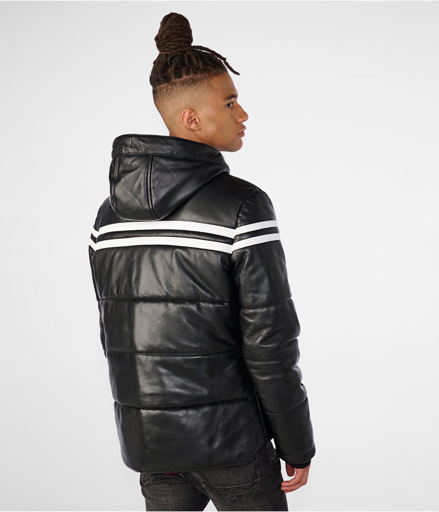 Men's Black Leather Hooded Puffer Jacket