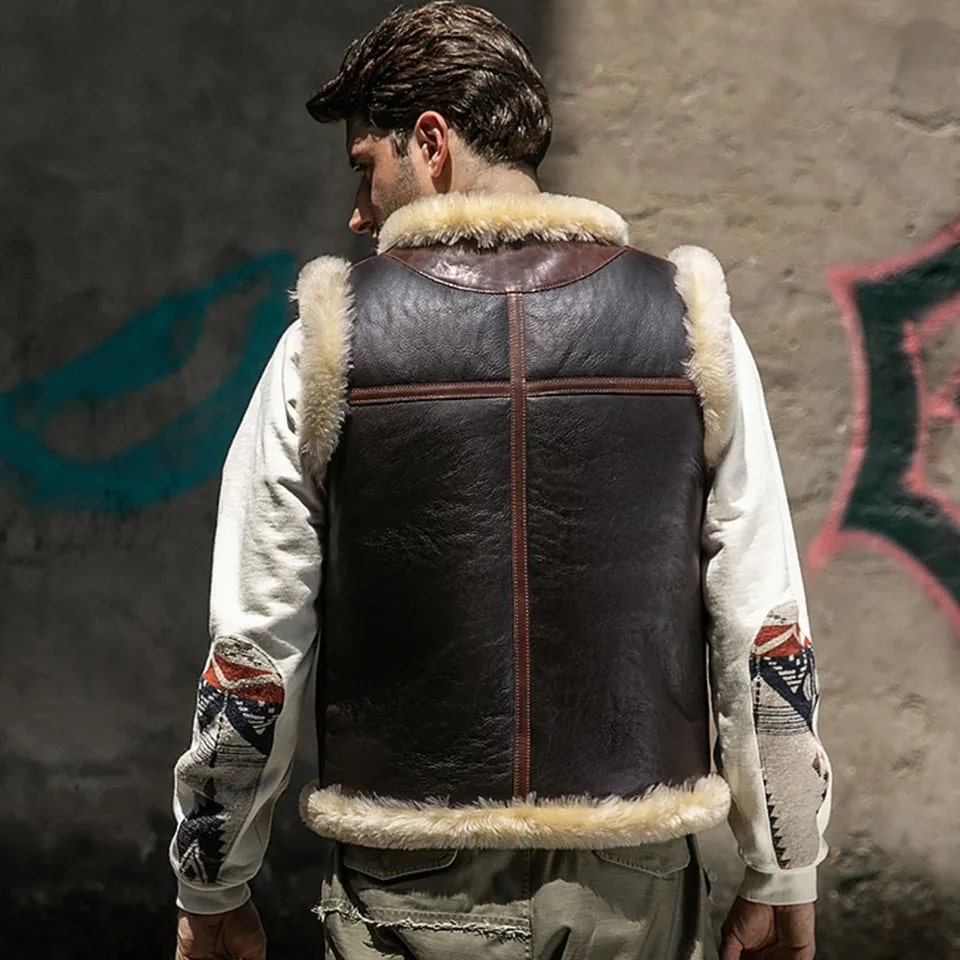 Men's Leather Shearling Vest In Dark Brown