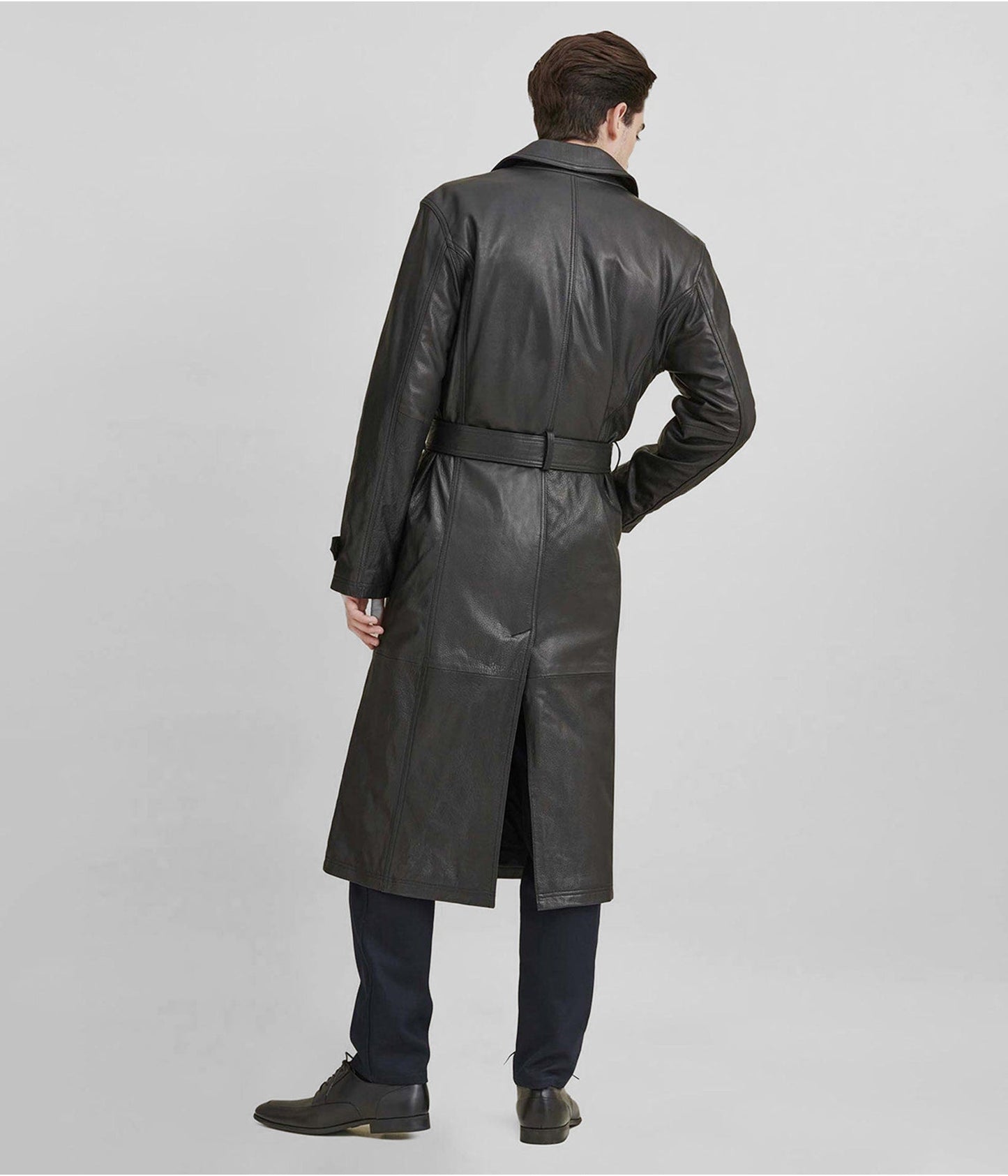 Men's Black Belted Leather Trench Coat