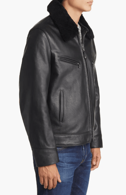 Men's Black Sheepskin Leather Jacket with Removable Shearling Collar