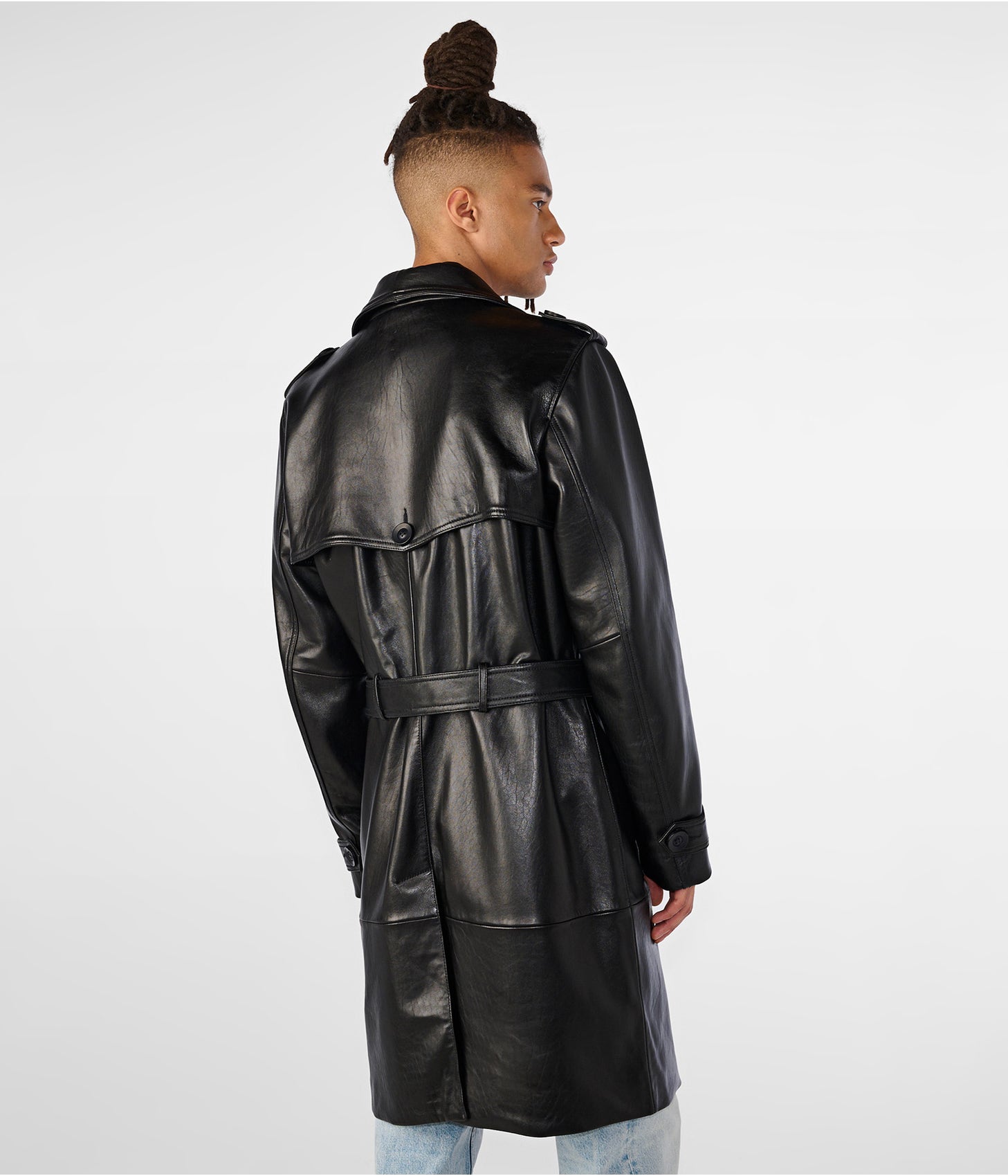 Men's Black Belted Trench Leather Coat