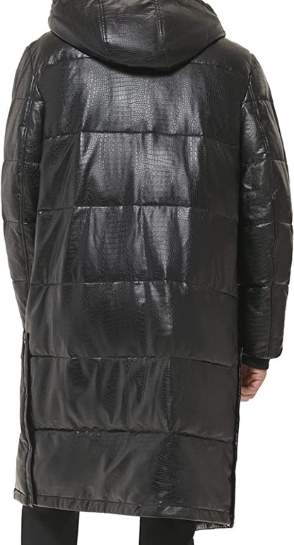 Men's Black Snakeskin Texture Trench Puffer Leather Coat