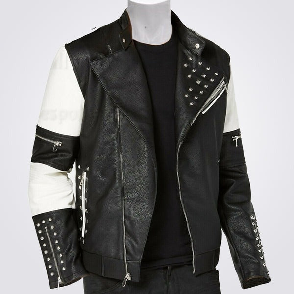 Men’s Black & White Studded Biker Leather Jacket – Avanzar Edition