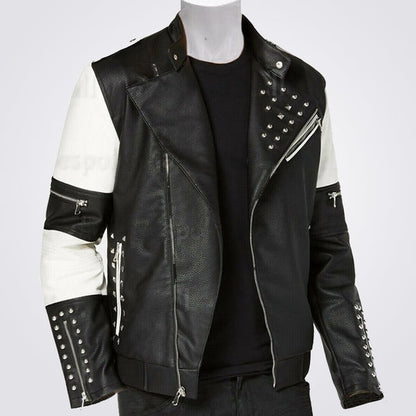 Men’s Black & White Studded Biker Leather Jacket – Avanzar Edition