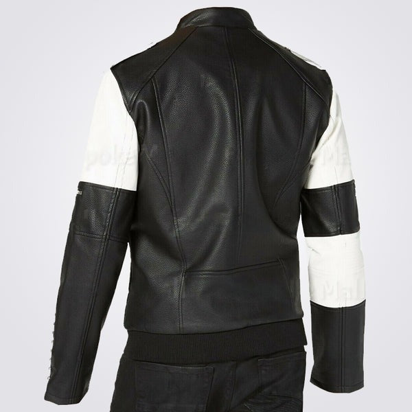 Men’s Black & White Studded Biker Leather Jacket – Avanzar Edition