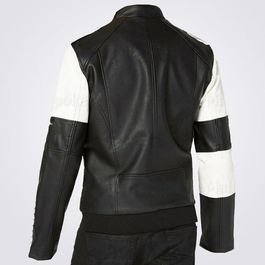 Men’s Black & White Studded Biker Leather Jacket – Avanzar Edition