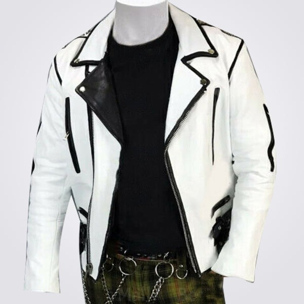 Avanzar Men’s White & Black Silver Studded Brando Biker Jacket