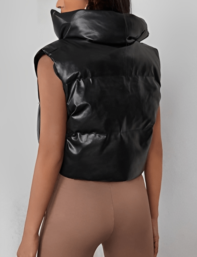 Women's Black Cropped Puffer Leather Vest