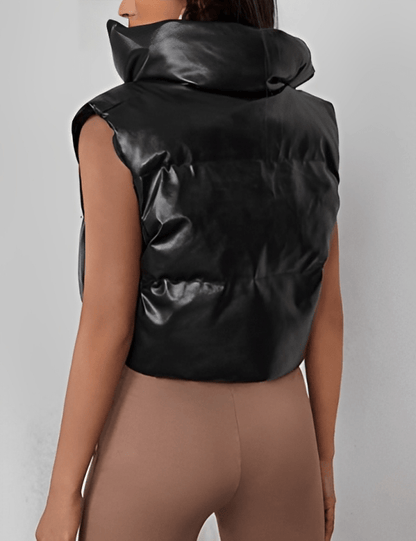 Women's Black Cropped Puffer Leather Vest