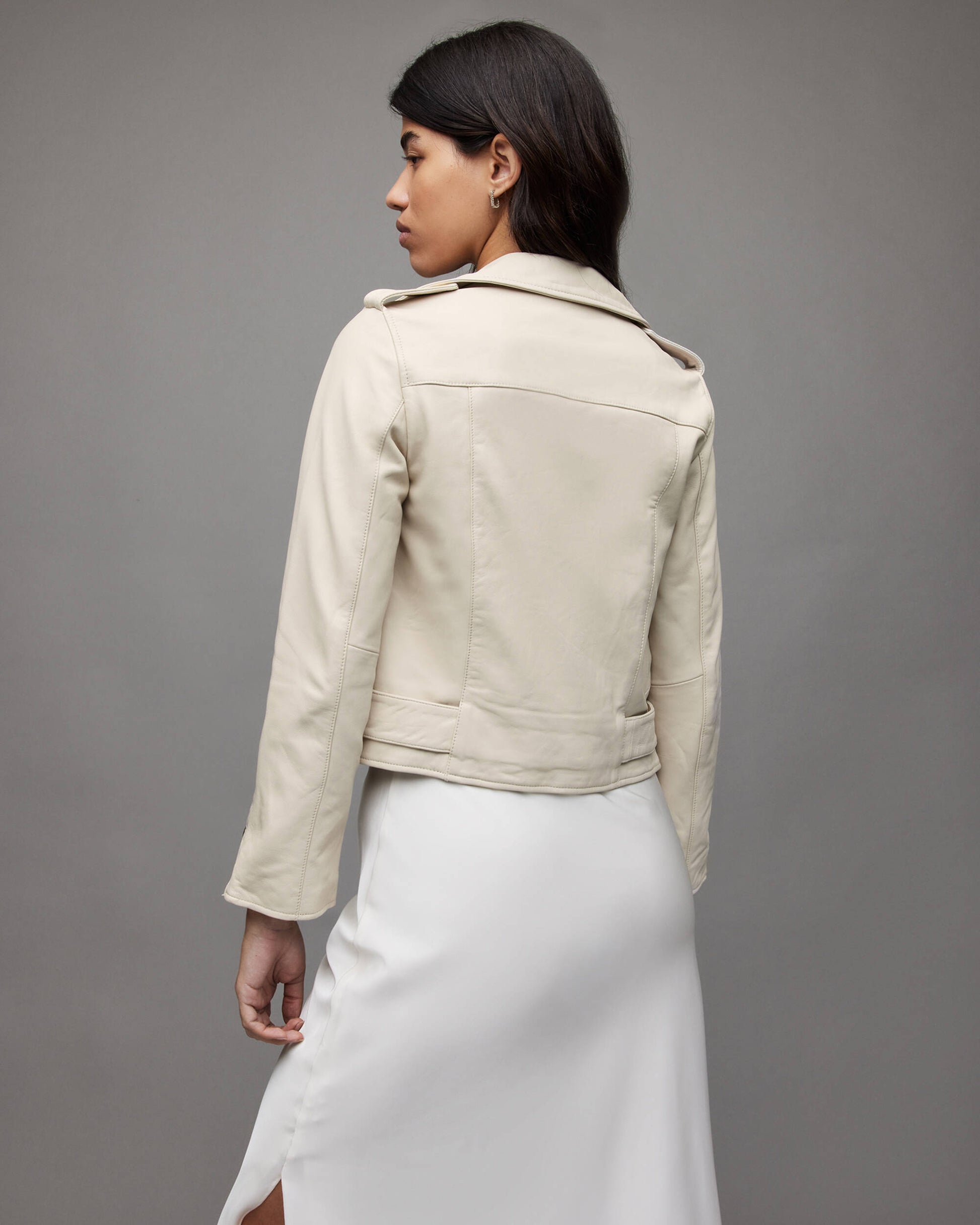 Women's Beige Leather Biker Jacket with Belt