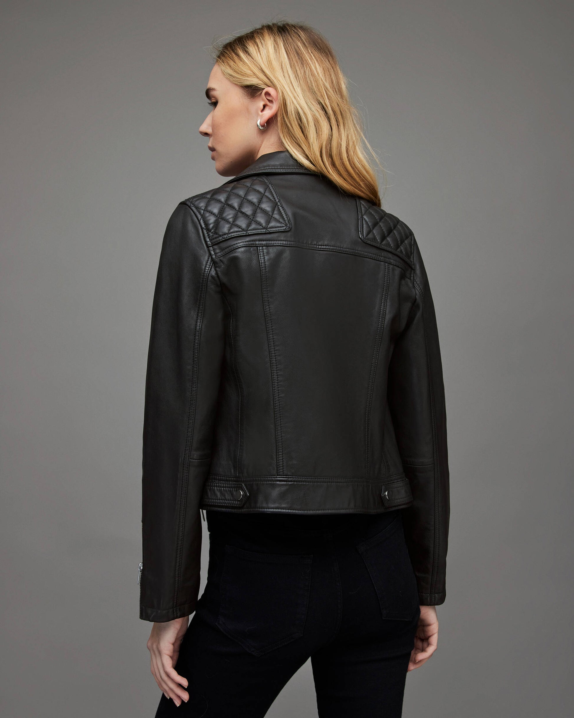 Women's Black Leather Biker Jacket with Quilted Shoulders