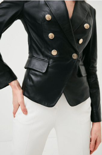 Women's Black Leather Blazer with Golden Buttons