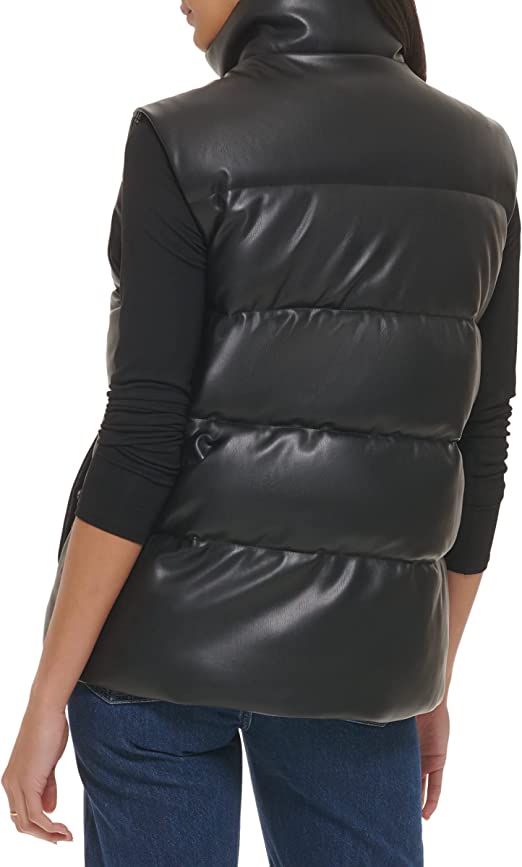 Women's Black Leather Puffer Vest