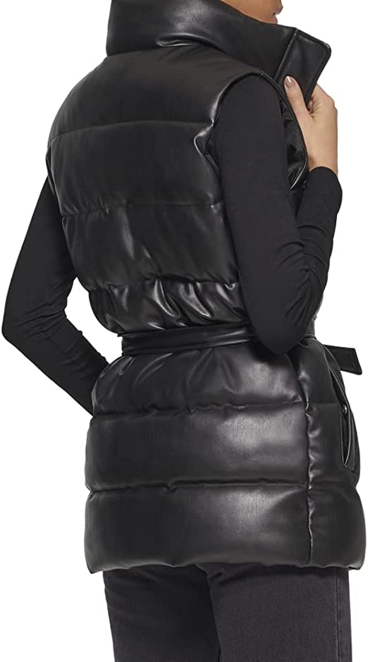 Women's Black Puffer Leather Vest with Belt