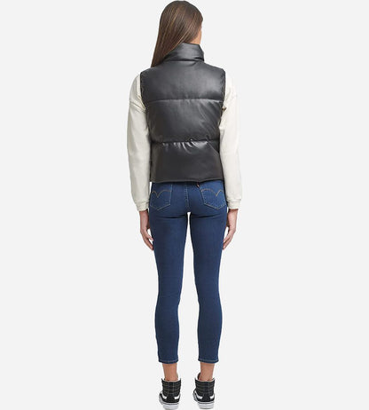 Women's Black Puffer Leather Vest