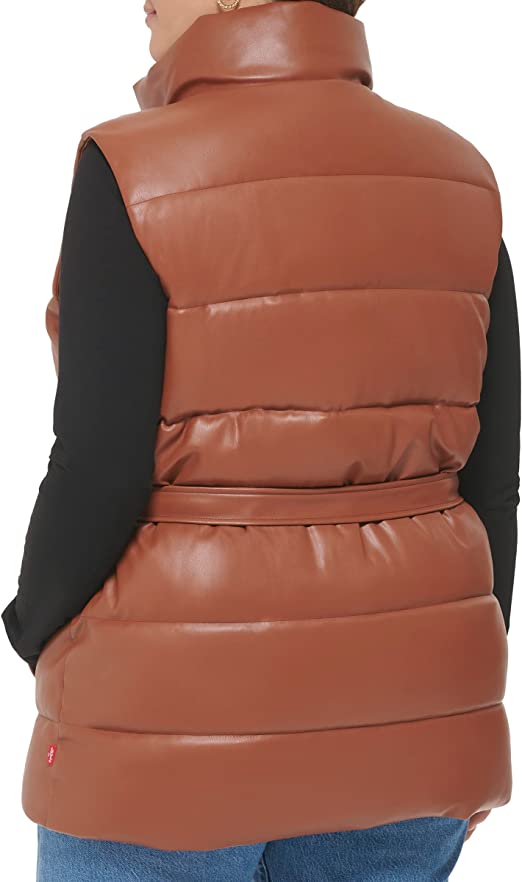 Women's Chocolate Brown Puffer Leather Vest with Belt