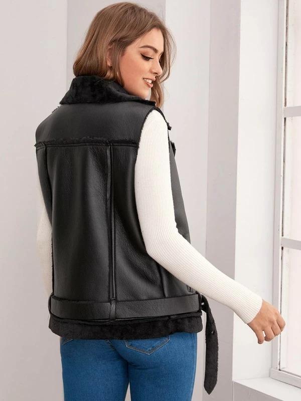 Women's Black Shearling Biker Leather Vest