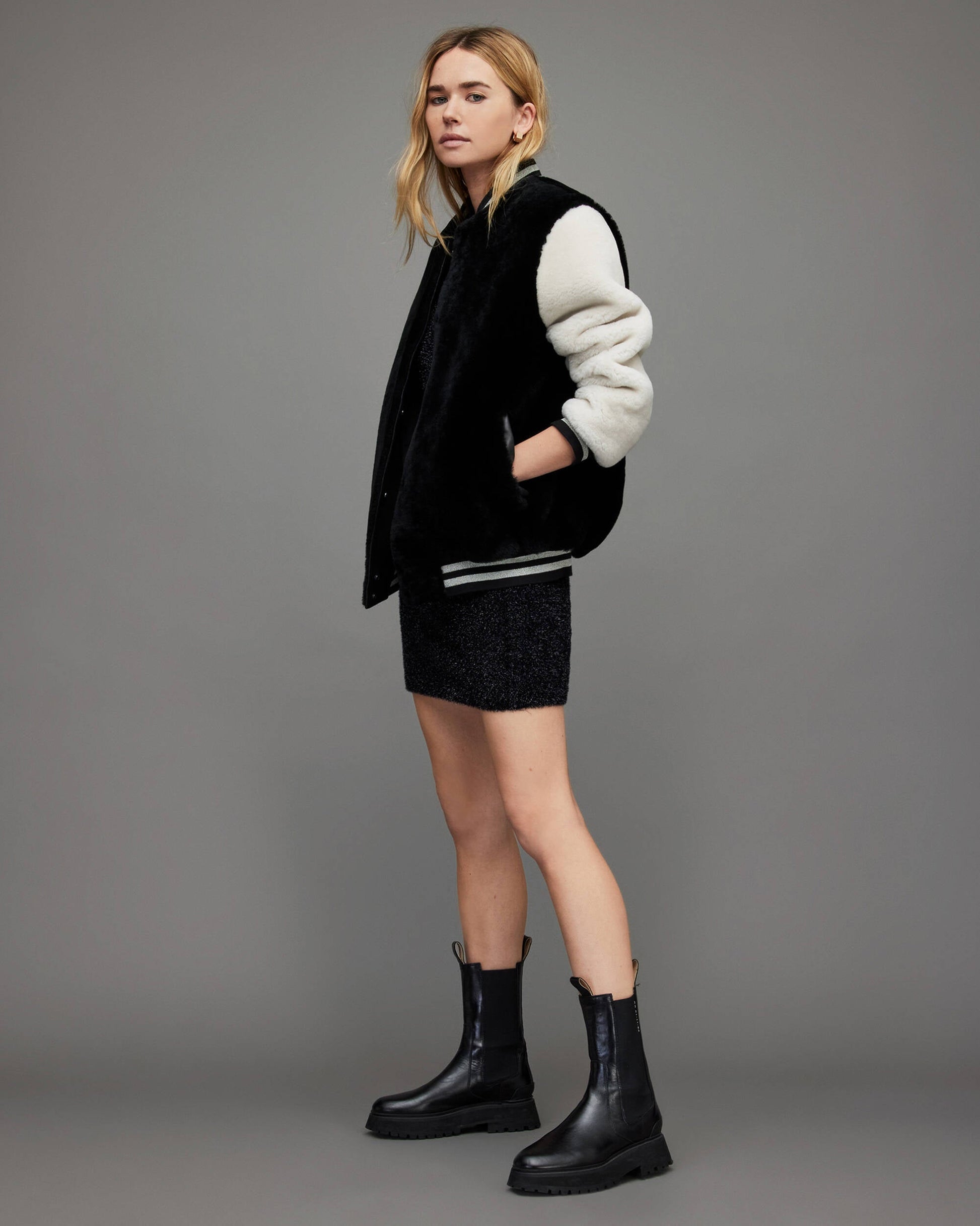 Women's White & Black Shearling Bomber Jacket - Stylish and Warm