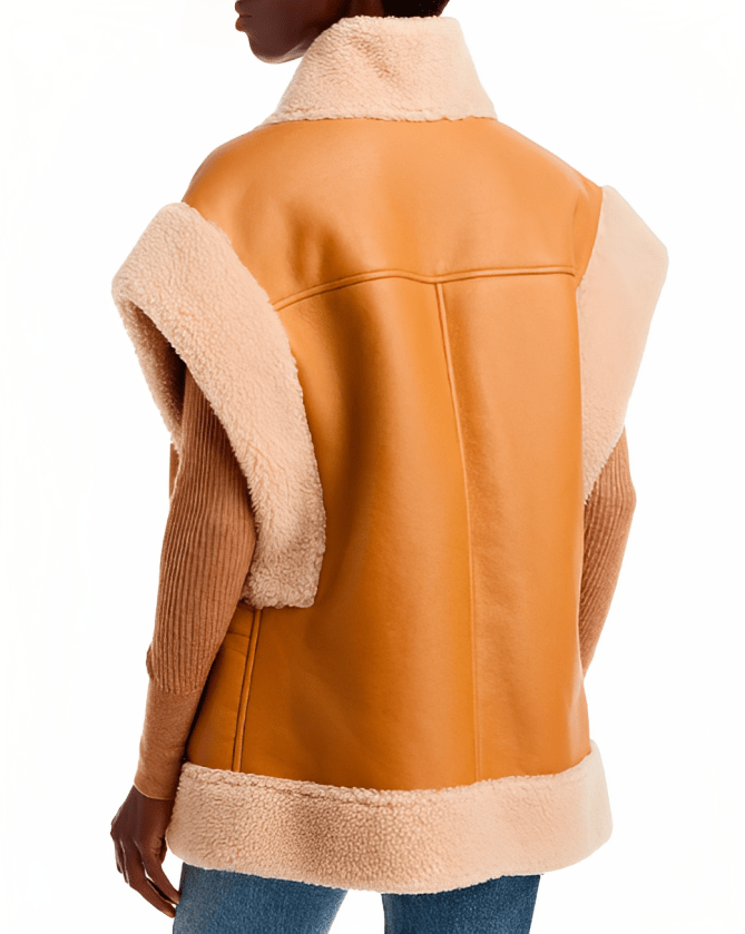 Women's Tan Brown Shearling Leather Vest with Patch Pockets