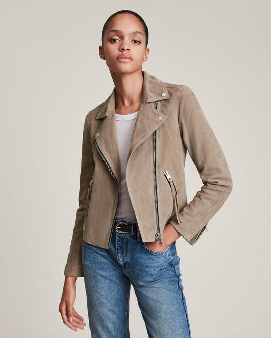 Women's Tan Beige Suede Leather Biker Jacket – Classic & Elegant